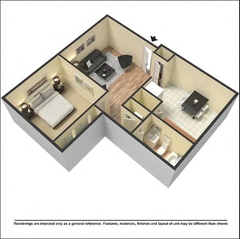 Floor plan for 1 bed, 1 bath, 650 sqft